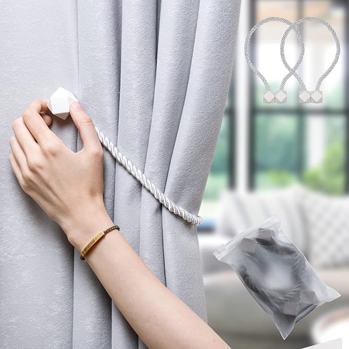 NazTur Magnetic Curtain Tiebacks- Upgrade 2022 with a Thicker Twist Rope & Strong Magnet Tieback Window Treatment Holdbacks Draperies Holders Decorative Drape Handmade Tie Back (White, 2)