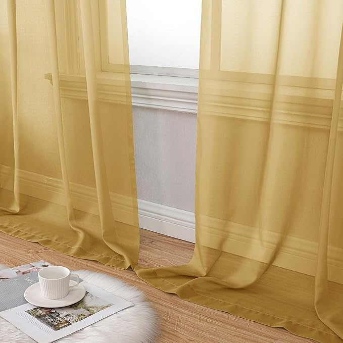 Extra Long Sheer Gold Curtains for Bedroom Living Room 108 Inches Long 2 Panels Set, Solid Soft Light Filtering Rod Pocket Sheer Window Curtains, Gold, Each 42" Wx108 L Inch