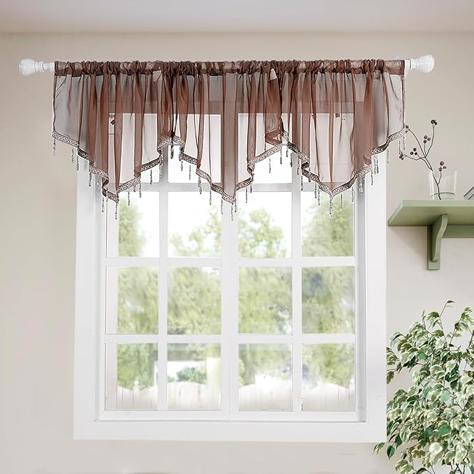 Molaxhome Swag Curtain 51 inch Length Rod Pocket Scalloped Curtain Valance Sheer Lace Panels with Hanging Crystal Beads for Kitchen Bedroom Window Treatments Drape Decor 1pc (Coffee, 51Wx23L)