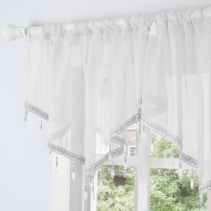 Molaxhome Swag Curtain 51 inch Length Rod Pocket Scalloped Curtain Valance Sheer Lace Panels with Hanging Crystal Beads for Kitchen Bedroom Window Treatments Drape Decor 1pc (White, 51Wx23L)