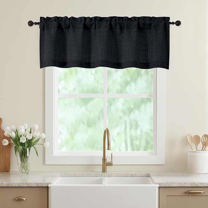 Valances for Windows, Light Filtering Faux Linen Textured Small Short Valance Curtains for Bathroom Basement Farmhouse, Rod Pocket Top Half Curtains for Windows, Black 52Wx16L Inch