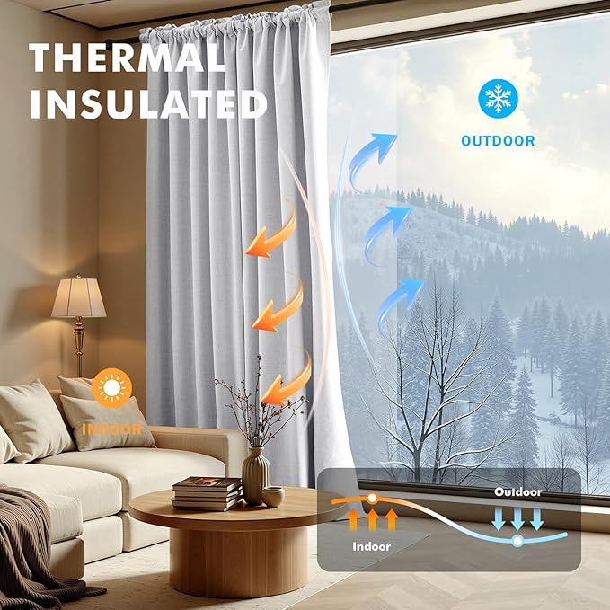 MIULEE 100% Blackout Linen Curtains for Bedroom, Grayish White Solid Luxury Decor Thermal Insulation Room Darkening Drapes for Living Room Nursery Back Tab Rod Pocket 42 x 108 Inches, 2 Panels
