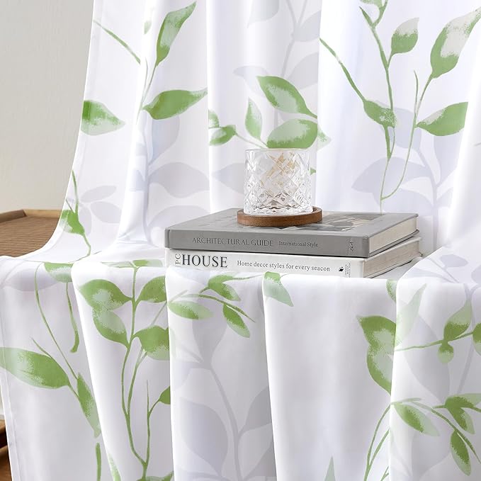 HOMEIDEAS Non-See-Through Sage Green and White Privacy Sheer Curtains 52 X 96 Inches Long 2 Panels, Leaf Floral Printed Light Filtering Semi Sheer Window Curtains Drapes for Bedroom Living Room