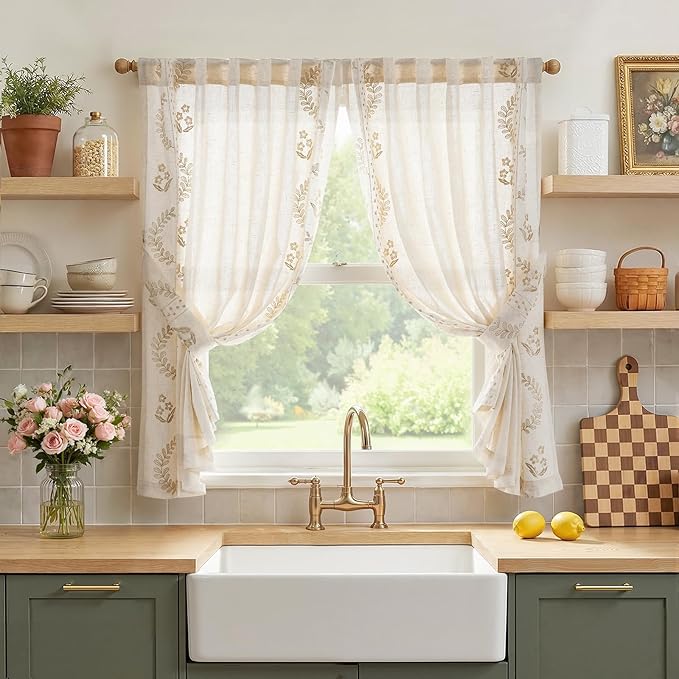 jinchan Belrose Linen Floral Cafe Curtains 45 Inch Length Embroidered Farmhouse Curtains for Kitchen Bedroom Bathroom Small Windows Curtain Set Light Filtering 2 Panels Beige