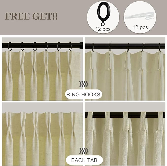 IVAPUPU 60 Inch Extra Width Pinch Pleat Curtains for Living Room, Linen Sheer Pleated Curtain Light Filtering Privacy Back Tab Drapes with Hooks Rings for Sliding Door, 1 Panel, W60xL102, Grey Beige
