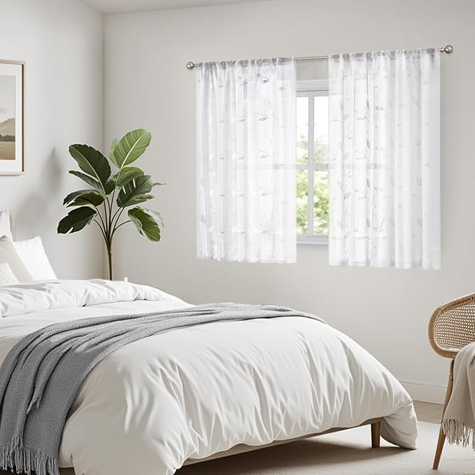 HOMEIDEAS White Sheer Kitchen Curtains 52 x 45 Inch Length 2 Panels Embroidered Leaf Pattern Short Curtains for Bedroom Half Small Window Rod Pocket Tiers