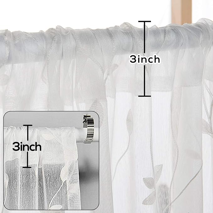AmHoo 2 Panels Embroidered Leaf Pattern Semi Sheer Curtains Foliage Floral Voile Window Draperies Treatment for Bedroom Living Room Rod Pocket White 53 x 63 Inch