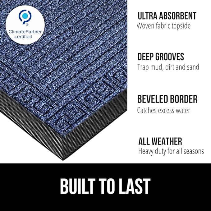 GORILLA GRIP 100% Waterproof All-Season WeatherMAX Doormat, 47x35, US Designed Natural Rubber, Stain and Fade Resistant, Low Profile Indoor Outdoor Door Mats, Easy Clean Patio Mat, Navy Greek Keys