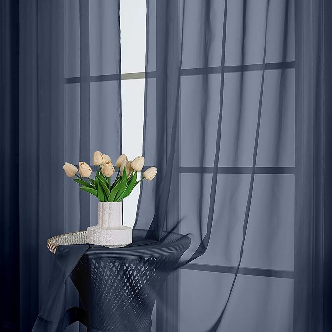 OWENIE Extra Long Navy Blue Sheer Curtains 96 Inches Long 2 Panels Set, Soft Lightweight Airy Voile Sheer Curtain for Bedroom Living Room, Rod Pocket Solid Color Farmhouse Curtains, 59" Wx96 L Inch