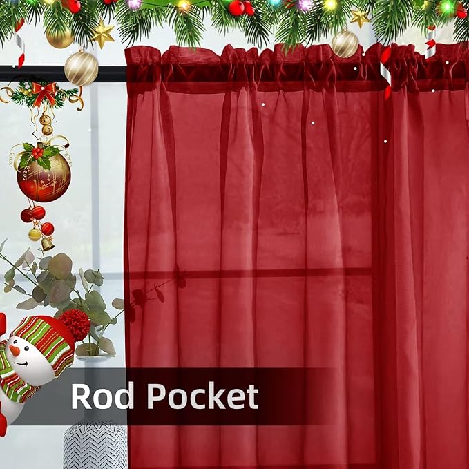 youleyar Solid Sheer Rod Pocket Curtain Voile Draperies 4 Panels White Beige Black Grey Ivory 52 Inch Width 72 Inch Long 1 Pair for Kitchen Bedroom Children Living Room Yard(Christmas Red,52 Wｘ72 L)