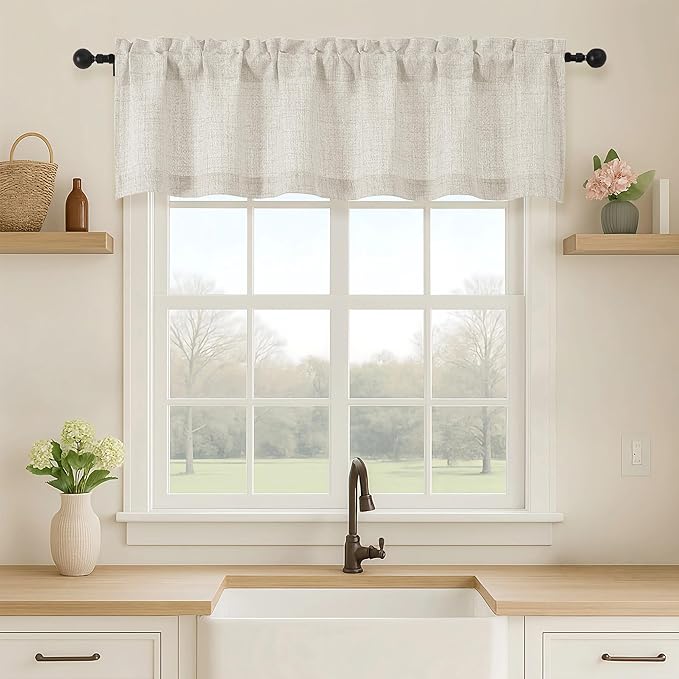 OVZME Natural Valance for Windows, Light Filtering Faux Linen Textured Small Short Valance Kitchen Curtain, Dual Rod Pocket Top Short Window Curtain for Bathroom Basement Farmhouse, 1 Piece, 52Wx14L