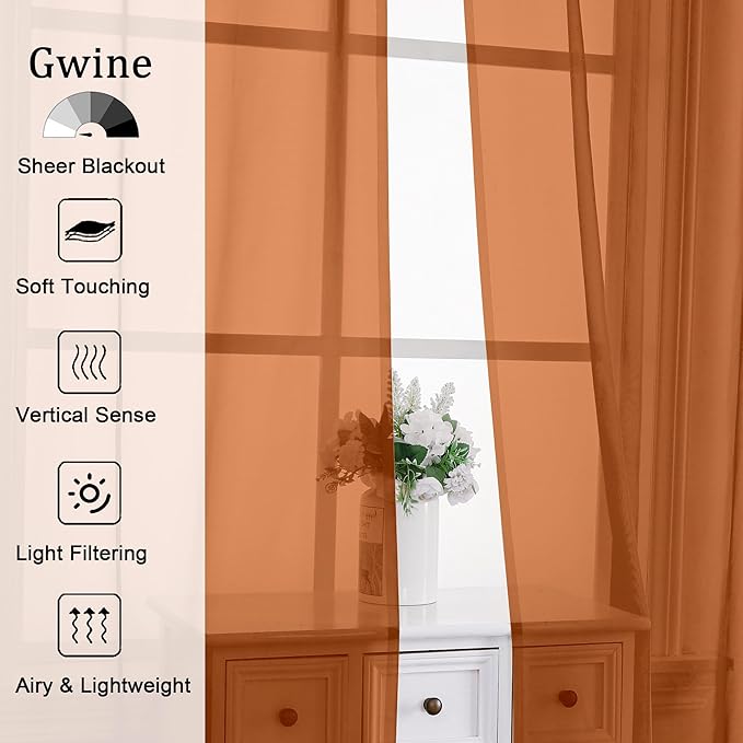 Gwine Burnt Orange Sheer Curtain Tiers 24 Inch Length, Light Filtering Voile Short Curtain for Living Room, Rod Pocket Fall Cafe Curtains for Small Windows 42Wx24L Inch, 2PCS