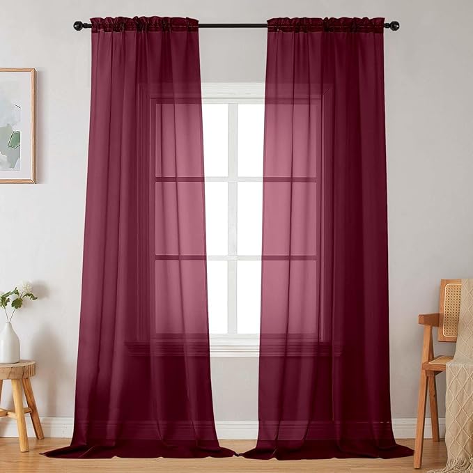 Burgundy Sheer Curtains for Bedroom Living Room 96 Inches Long 2 Panels, Modern Airy Soft Lightweight Rod Pocket Light Filtering Sheer Curtains Drapes, Burgundy, Each 42" Wx96 L Inch