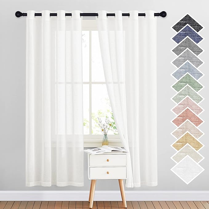 NICETOWN Linen Curtains Semi Sheer Bedroom Window Curtains, Grommet Casual 72" Long Thick Semitransparent Flax Sheer Window Treatment Privacy for Nursery, Ivory, 1 Panel = 52" W, Sold by 2 Panels