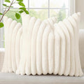 decorUhome Summer Cozy Faux Fur Throw Pillow Covers 26x26 Set of 2 Decorative Plush Striped Modern Farmhouse Boho Couch Euro Sham Pillow Cases with Velvet Back for Sofa Bed Living Room, Cream White