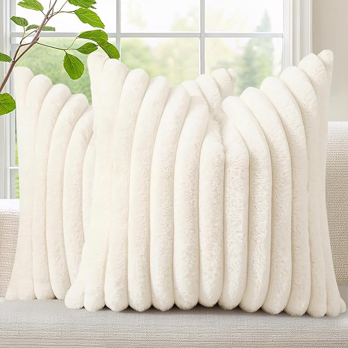decorUhome Summer Cozy Faux Fur Throw Pillow Covers 18x18 Set of 2 Decorative Soft Plush Striped Modern Farmhouse Boho Couch Pillow Cases with Velvet Back for Sofa Bed Living Room, Cream White