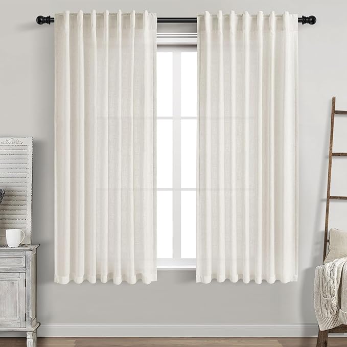 Cream Linen Curtains 66 Inch Length for Living Room 2 Panels Set Neutral Modern Farmhouse Window Curtain Semi Sheer Light Filtering Privacy Back Tab Rod Pocket Drapes for Bedroom Natural Ivory 52x66