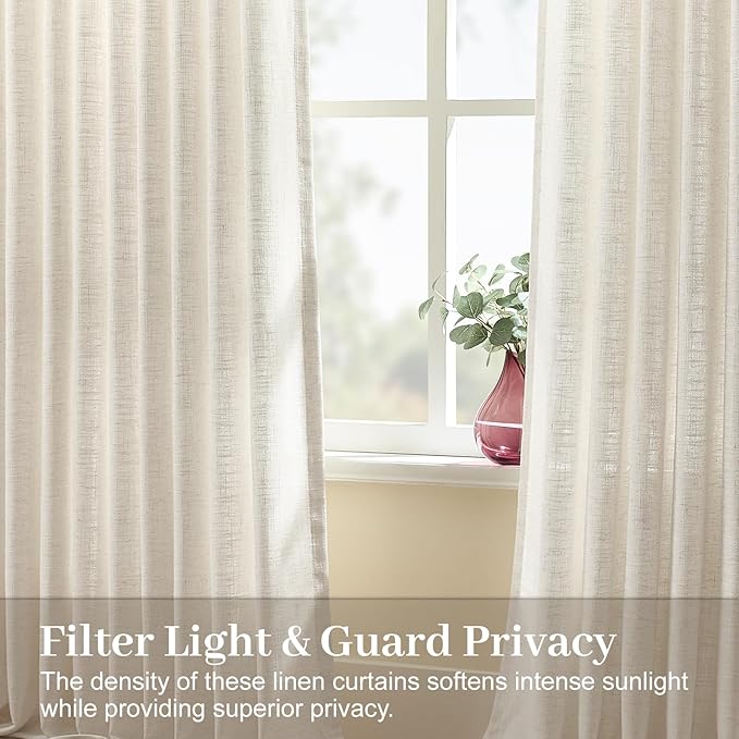 Pinch Pleated Linen Curtains 84 Inch Length 2 Panels Set, Light Filtering Linen Blend Sheer Drapes Memory Trained Pleated Curtain Back Tab with Hooks Rings for Living Room Bedroom, Natural, W40xL84