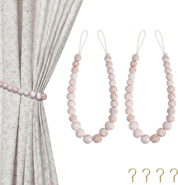 Hion 2 Pcs Boho Curtain Tiebacks,Wood Beads Curtain Holdbacks,Outdoor Farmhouse Tie Backs for Curtains,Curtain Holders for Drapes Home Office Decor with Hooks(White Washed)