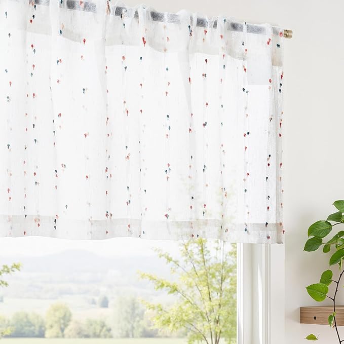jinchan Valance Curtains for Windows 16 Inch Colorful Mini Pom-Pom Country Farmhouse Kitchen Valance Semi Sheer Voile Samll Window Treatment for Bedroom Living Room Rod Pocket 1 Panel Blush Meadow