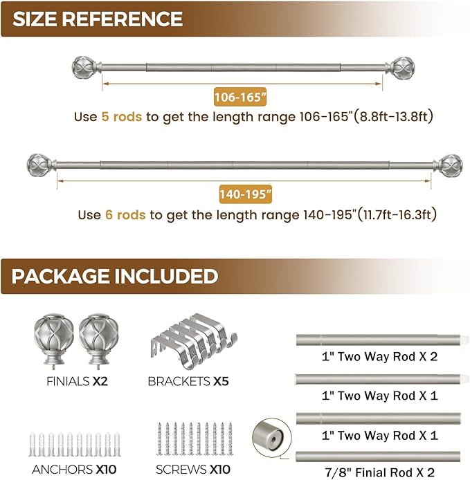 KAMANINA 1 Inch Extra Long Curtain Rod 140 to 195 Inches Silver Heavy Duty Curtain Rods for Windows 120 to 170 Inch, Adjustable Drapery Rods with Netted Texture Finials