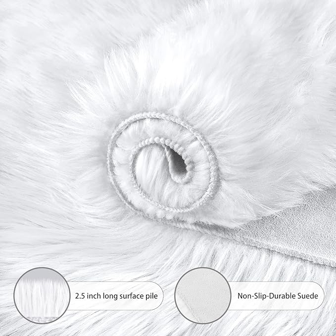 Round Fur Fluffy Area Rug for Bedroom, White Faux Fur Rugs Furry Circle Rug for Kids Room, Cute Furry Nursery Carpet, Plush Shag Circular Rugs Floor Carpets for Teen Girl Room, 3x3 Ft