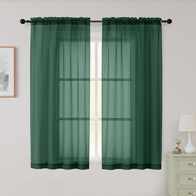 Sheer Hunter Green Curtains for Bedroom Living Room 54 Inch Length 2 Panels Set, Solid Soft Airy Light Filtering Window Treatments, Modern Rod Pocket Drapes, Hunter Green, 42" Wx54 L Inches