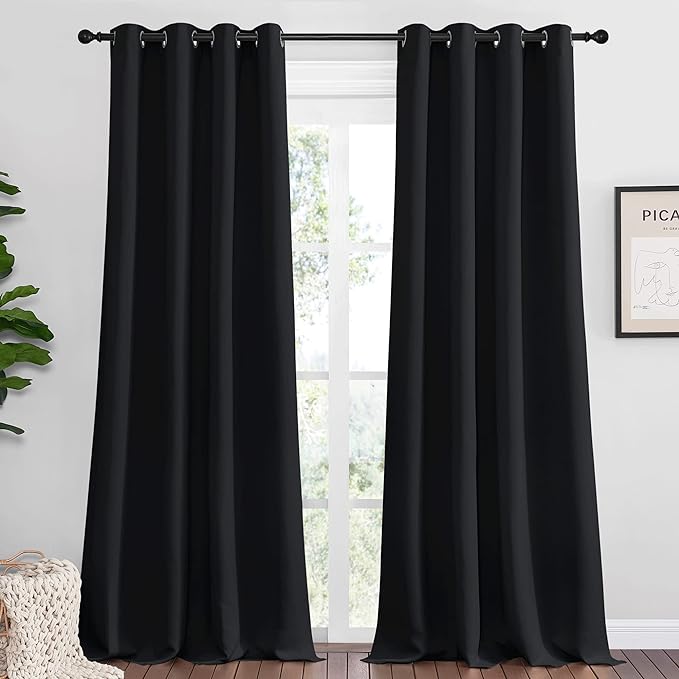 NICETOWN Bedroom Blackout Curtains Panels, 1 Pair, 52 inches by 92 Inch, Black, Triple Weave Energy Saving Thermal Insulated Solid Grommet Blackout Draperies for Patio
