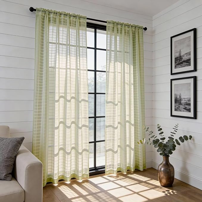 SpaceDresser Check Sheer Curtains 54 Inches 2 Panels Set, Rod Pocket Plaid Window Curtain for Living Room, Sage Green Semi Sheer Drapes for Kitchen Bedroom Children Room Yard（Sage Green, 52W x 54L）