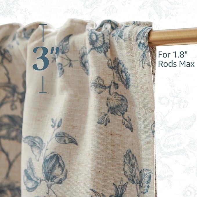 jinchan Amlie Floral Linen Valance Curtain Farmhouse Kitchen Valance for Living Room Laundry Light Filtering Double Layer Cottagecore Window Treatment Rod Pocket 1 Panel 16 Inch Blue on Linen