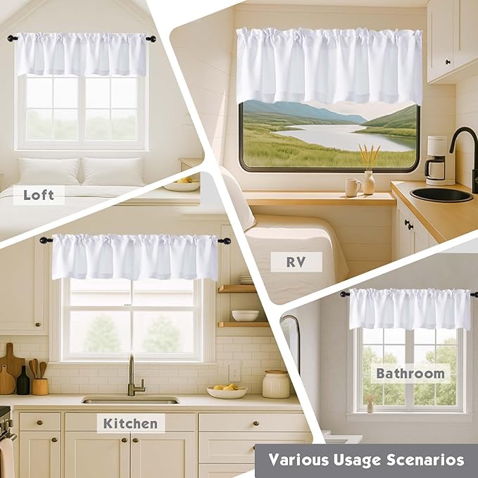 Chyhomenyc Pure White Valances for Windows, Short Window Valance Curtains for Living Room Bedroom Bathroom, Room Darkening Solid Privacy Small Kitchen Valances, 60Wx16L, 2 Pack
