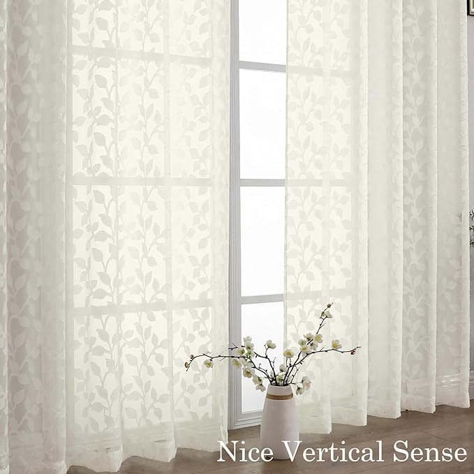 Chyhomenyc Ivory Sheer Curtains 96 Inch Length 2 Panels Set, Light Filtering Tufted Textured Soft Airy Rod Pocket Gentle Leaf Window Treatment Drapes for Bedroom Living Room, 52" Wx96 L, 2PCS
