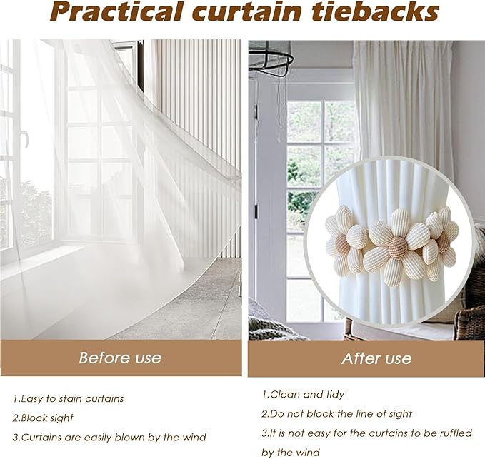 SRG Sunflower Curtain Tiebacks-2 Pack | Daisy Curtain Holdbacks Three Flower | Curtain Tiebacks Boho | Japanese Curtain Ties | Cute Flower Curtain Ties Decorative for Bedroom Window Treatment （Cream）