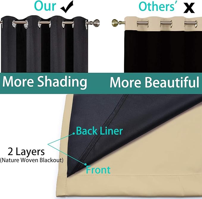 Yakamok Beige 100% Blackout Curtains, Thermal Insulated Total Blackout Drapes for Bedroom, Heat Blocking Window Curtains for Living Room(42Wx63L, 2 Panels)