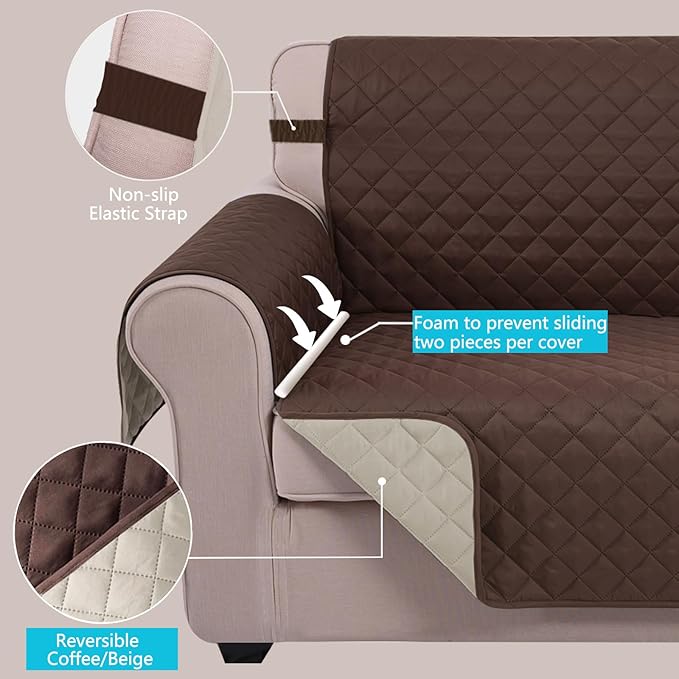 U-NICE HOME Reversible Oversized Chair Covers Quilted Water Repellent Pet Protectors with Elastic Straps(28''Armchair, Coffee/Beige)