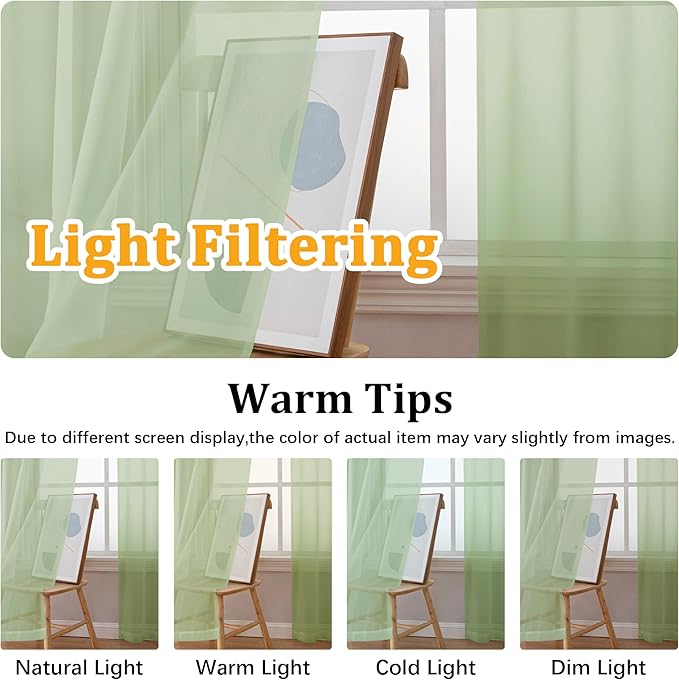 Gwine Light Green Sheer Curtains for Living Room 45 inches Long, Short Voile Light Filtering Window Treatments Sheer Curtains for Bedroom, Half Window Drapes with Rod Pocket, Each 42" Wx45 L