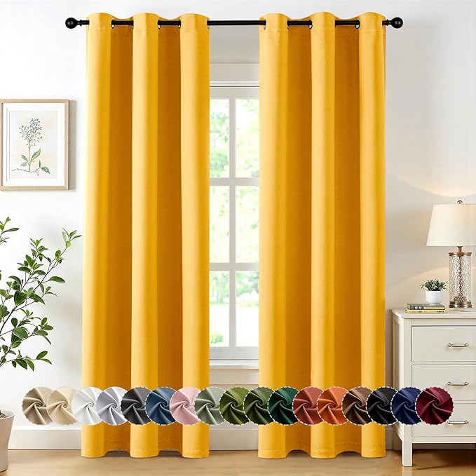 MIULEE Yellow Blackout Curtains for Bedroom Living Room 84 Inches Long 2 Panels, Thermal Insulated Room Darkening Drapes Solid Grommet Noise Reduction Light Blocking Window Treatments 40x84 inch