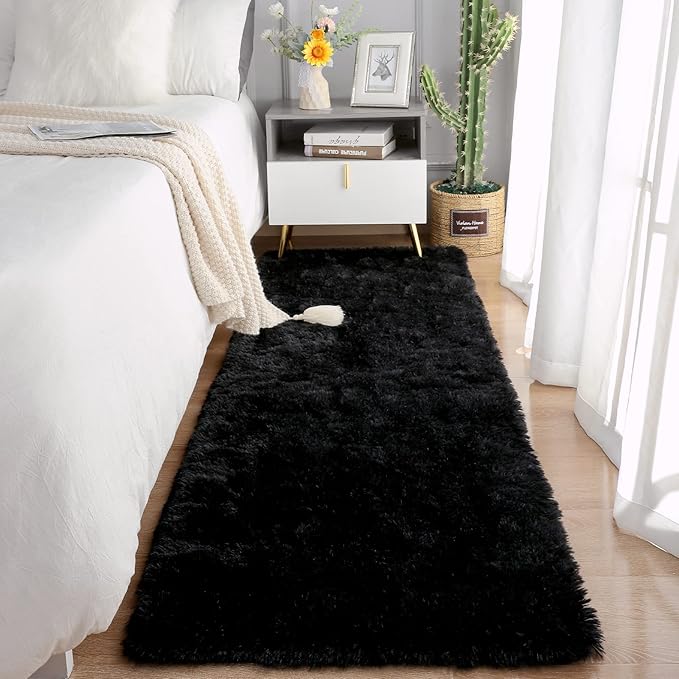Chicrug Soft Runner Rugs for Bedroom Living Room Plush Fluffy Rug 2x5 Feet, Shag Furry Area Rug Carpet Non Shedding for Nursery Children Kids Girls Room Home Decorative, Black