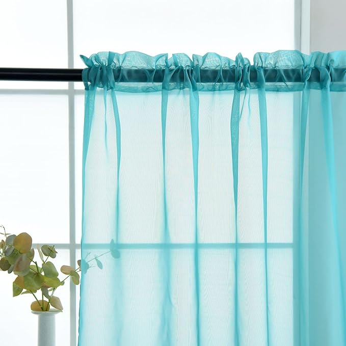 SpaceDresser Sheer Voile Window Treatment Rod Pocket Curtain Panels for Kitchen Bedroom Living Room Drapes Sunlight Filtering Privacy Semi Home Decor Assorted Colors Sizes (Turquoise, 52 W x 54 L)