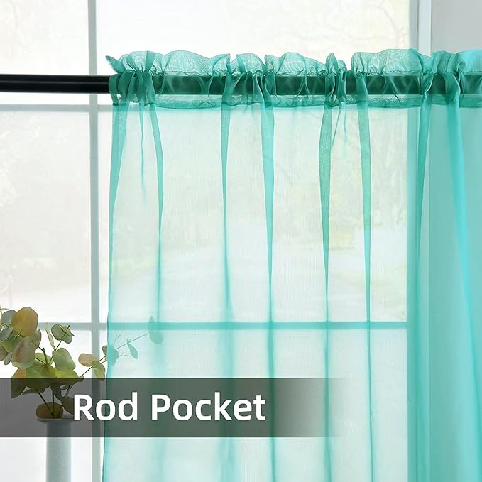 youleyar Solid Sheer Rod Pocket Curtain Voile Draperies 2 Panels White Beige Black Grey Coffee 52 Inch Width 96 Inch Long 1 Pair for Kitchen Bedroom Children Living Room Yard (Turquoise,52Wｘ96L)