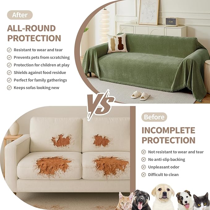 Couch Cover for Dogs, Boho Sofa Covers for 4 Cushion Couch, Chenille Sofa Slipcover for Pets Washable, L-Shape Sectional Couch Cover Soft Throw Blankets with Tassels(91x150,Green)
