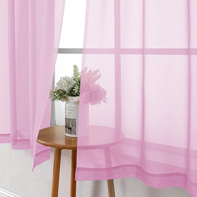 Lecloud Light Pink Sheer Curtains 45 Inch Length 2 Panels, Airy Voile Curtains for Windows, Farmhouse Light-Filtering Curtain for Bedroom Bathroom Kitchen, Each Panel 42 X 45 Inch