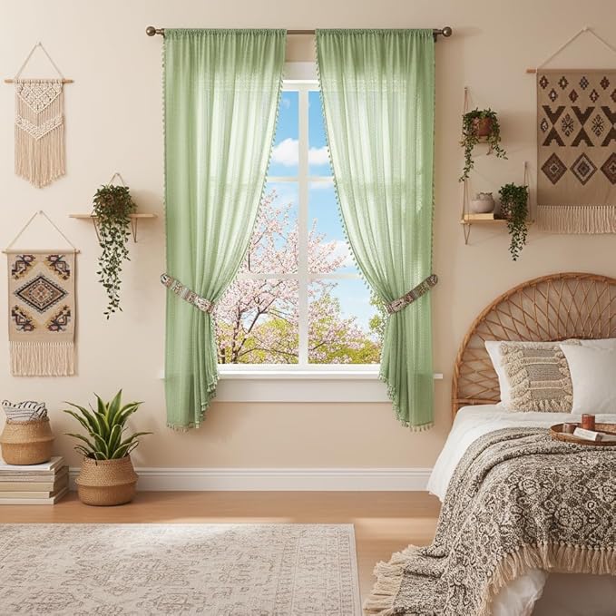 WAZZIO Boho Lace Curtains 63 Inches 2 Panel,Light Filtering Privacy Tassel & Geometry Crochet Semi Sheer Curtain Drapes for Bedroom Living Dining Room,Rod Pocket & Tassel,Grass Green
