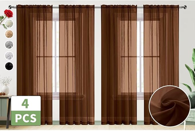 SpaceDresser Brown Sheer Curtains 4 Panels Rod Pocket Semi-Sheer Curtain 108 Inches Long Light Filtering Voile Window Drapes for Bedroom Living Room Kitchen, Each 52W x 108L