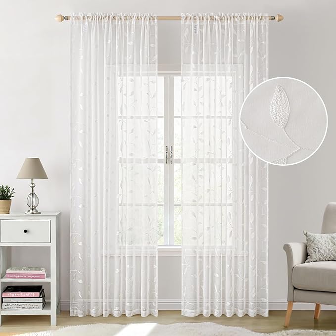 MIULEE White Sheer Curtains 2 Panels Embroidered Leaf Patterned Rod Pocket Floral Semi Sheer Faux Linen Window Curtains Drapes Set for Living Room Bedroom Dining Room, 52x84 Inches Long