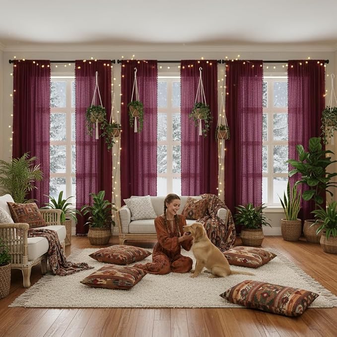 WAZZIO Boho Lace Curtains 84 Inches 2 Panel,Light Filtering Privacy Tassel & Geometry Crochet Semi Sheer Curtain Drapes for Bedroom Living Dining Room,Rod Pocket & Tassel,Burgundy Red
