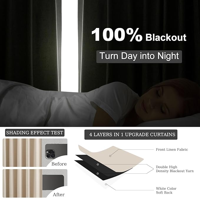 Topfinel Beige White Linen Blackout Curtains 63 Inches Long 2 Panels for Small Window Natural Birch Boho Farmhouse Linen Blend Texture Insulated Hook Belt Back Tab Pocket Pleated Drapes (W52 x L63)