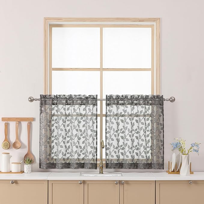 Chyhomenyc Charcoal Grey Sheer Curtains 24 Inch Length, Light Filtering Leaf Tufted Textured Small Kitchen Curtain Over Sink, Short Half Window Curtains for Bathroom Basement, 30" Wx24 L, 2 Panels