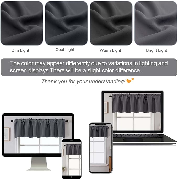Chyhomenyc Charcoal Grey Valances for Window, Room Darkening Short Curtains for Kitchen Bedroom Living Room, Rod Pocket Top Small Window Treatment Valance RV Bunk Panels, 40" Wx14 L, 2 Pieces
