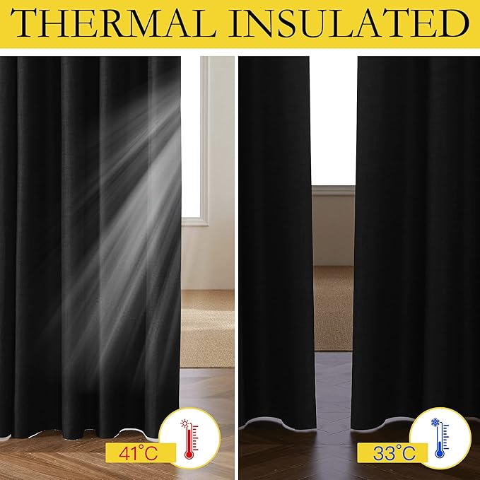 NICETOWN Black Out Linen Curtains, Complete Blackout Shades for Large Window Door, 100% Blackout Window Curtain Panels with White Lined, 62" Width Each Panel, 95" Length, 2 Pieces